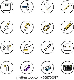 line vector icon set - floor scales vector, steel rolling, fretsaw, mason hammer, trowel, clamp, side cutters, pencil, drill machine, rasp, tool box, allen key, tambourine, horn toy, piano