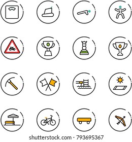 line vector icon set - floor scales vector, treadmill, push ups, gymnastics, road for moto sign, cup, chess queen, gold, rock axe, flags cross, pool, mat, inflatable, bike, skateboard, bow