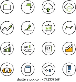 line vector icon set - folder vector, upload cloud, refresh, growth arrow, presentation chart, point, contact book, dollar, micro flash card, exchange data, server