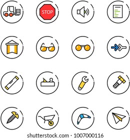 line vector icon set - fork loader vector, stop road sign, volume medium, document, pennant, sunglasses, connect, level, jointer, wrench, bolt, screw, wheelbarrow, boomerang, paper plane