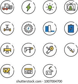 line vector icon set - fork loader vector, lightning, bulb, tv news, gyroscope, sun power, water plant, battery, milling cutter, drill machine, Angular grinder, soldering iron, jig saw, generator