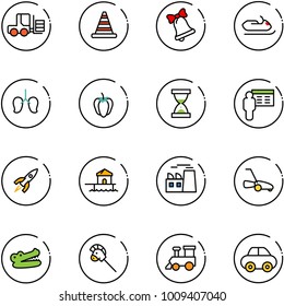 line vector icon set - fork loader vector, road cone, bell, snowmobile, lungs, sweet pepper, sand clock, presentation, rocket, bungalow, plant, lawn mower, crocodile, horse stick toy, train, car