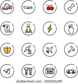 line vector icon set - fork loader vector, small plane, rowanberry, broken bone, account history, rocket, lightning, victory, butterfly, satellite, paint roller, paper, shovel toy, piano, car