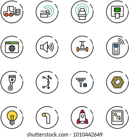 line vector icon set - fork loader vector, mri, atm, browser globe, volume max, gyroscope, mobile phone, piston, bezier, no signal, nut, bulb, allen key, rocket, game console