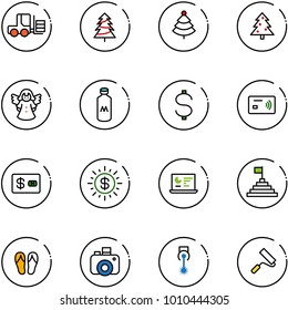 line vector icon set - fork loader vector, christmas tree, angel, milk, dollar, tap pay, credit card, sun, statistics monitor, pyramid flag, flip flops, camera, laser, paint roller