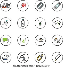 line vector icon set - fork loader vector, lollipop, pills blister, medical patch, run, milk, yen, graduate hat, dialog, garbage, woman, bucket scoop, printer wireless, satellite, side cutters