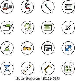 Line Vector Icon Set - Fork Loader Vector, Snowman, Tooth Brush, Finance Calendar, Folder, Globe, Schedule, Key, Sand Clock, Sunglasses, Terms Plan, Atom Core, Level, Staple, Cube Hole Toy