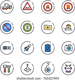 line vector icon set - fork loader vector, rough road sign, no dangerous cargo, end minimal speed limit, dollar, money, bungalow, projector, rocket, battery, camera, shovel toy, wirligig, yoyo