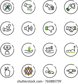 line vector icon set - fork spoon plate vector, investment, card pay, cash, volume max, dislike, agreement, cup, hand sproute, growth, victory, wheel, lawn mower, pipe welding
