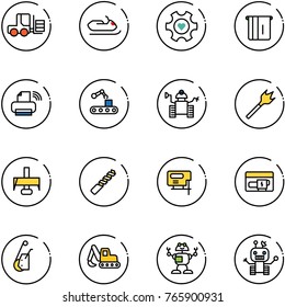line vector icon set - fork loader vector, snowmobile, heart gear, atm, printer wireless, conveyor, robot, wood drill, milling cutter, jig saw, generator, winch, excavator toy