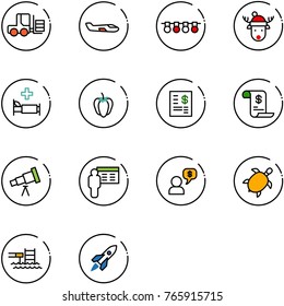 line vector icon set - fork loader vector, small plane, garland, christmas deer hat, hospital bed, sweet pepper, account statement, history, telescope, presentation, money dialog, sea turtle, pool