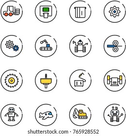 line vector icon set - fork loader vector, atm, gear, conveyor, robot, steel rolling, saw disk, crown drill, welding, sharpening, plane toy, excavator