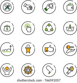 line vector icon set - fork spoon plate vector, card pay, cash, wallet, purse, hand cursor, social, basket, growth, success, finger up, key, wheel, fretsaw, Angular grinder