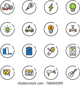 line vector icon set - fork loader vector, money torch, lightning, idea, bulb, electric car, business, gyroscope, water power plant, battery, Angular grinder, multimeter, jig saw, generator, dryer