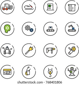 line vector icon set - fork loader vector, snowmobile, atm, brain work, gear, conveyor, robot, wood drill, machine, Angular grinder, generator, winch