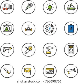 line vector icon set - fork loader vector, money torch, bulb, electric car, tv news, gyroscope, sun power, battery, drill machine, Angular grinder, multimeter, soldering iron, jig saw, generator
