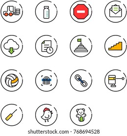 line vector icon set - fork loader vector, vial, no way road sign, opened mail, download cloud, history, pyramid flag, stairs, volleyball, fingerprint scanner, link, laser lever, awl, chicken toy