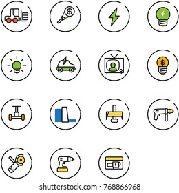 line vector icon set - fork loader vector, money torch, lightning, idea, bulb, electric car, tv news, business, gyroscope, water power plant, milling cutter, drill machine, Angular grinder