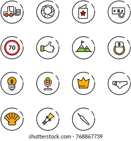 line vector icon set - fork loader vector, christmas wreath, star postcard, cash, speed limit 70 road sign, like, attainment, finger ring, business idea, microphone, crown, swimsuit, shell, dowel