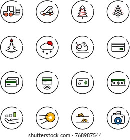 line vector icon set - fork loader vector, trap truck, christmas tree, snowfall, turkey, credit card, tap pay, cash, growth, first satellite, flip flops, camera