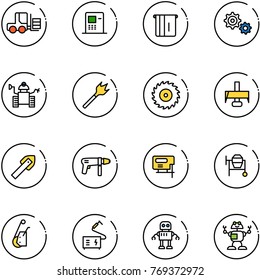 line vector icon set - fork loader vector, atm, gear, robot, wood drill, saw disk, milling cutter, tile, machine, jig, cocncrete mixer, winch, welding