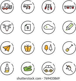 line vector icon set - fork loader vector, helicopter, garland, christmas deer, account statement, cloud, highlight marker, paper fly, butterfly, forest, shovel, brush, crocodile, car