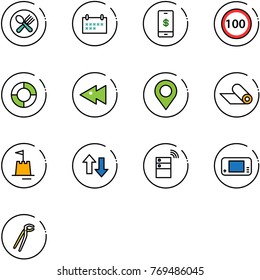 line vector icon set - fork spoon plate vector, schedule, mobile payment, speed limit 100 road sign, lifebuoy, fast backward, map pin, mat, sand castle, up down arrows, server wireless, game console
