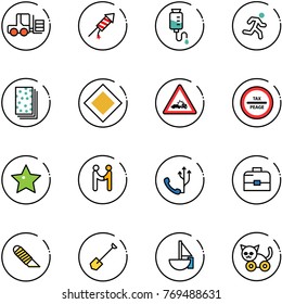 line vector icon set - fork loader vector, firework rocket, drop counter, run, breads, main road sign, car crash, tax peage, star, agreement, phone, case, work knife, shovel, sailboat toy, cat