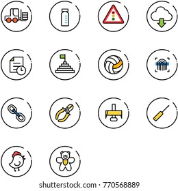 line vector icon set - fork loader vector, vial, traffic light road sign, download cloud, history, pyramid flag, volleyball, fingerprint scanner, link, side cutters, milling cutter, awl, chicken toy