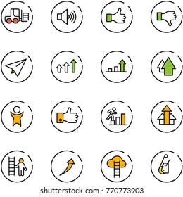 line vector icon set - fork loader vector, volume max, like, dislike, paper plane, arrows up, growth arrow, success, finger, career, opportunity, cloud ladder, winch