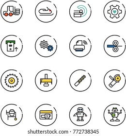line vector icon set - fork loader vector, snowmobile, mri, heart gear, atm, printer wireless, steel rolling, saw disk, milling cutter, drill, Angular grinder, cocncrete mixer, generator, robot