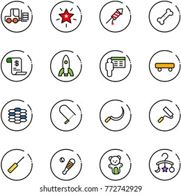 line vector icon set - fork loader vector, christmas star, firework rocket, broken bone, account history, presentation, skateboard, carbon, fretsaw, sickle, paint roller, awl, baseball bat, bear toy