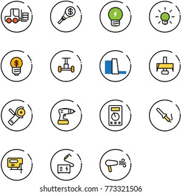 line vector icon set - fork loader vector, money torch, idea, bulb, business, gyroscope, water power plant, milling cutter, Angular grinder, drill, multimeter, soldering iron, jig saw, welding