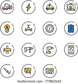 line vector icon set - fork loader vector, lightning, electric car, tv news, business idea, gyroscope, sun power, battery, milling cutter, drill machine, multimeter, soldering iron, jig saw