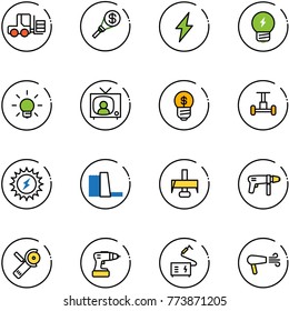 line vector icon set - fork loader vector, money torch, lightning, idea, bulb, tv news, business, gyroscope, sun power, water plant, milling cutter, drill machine, Angular grinder, welding, dryer