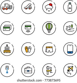 line vector icon set - fork loader vector, trap truck, snowfall, milk, credit card, tap pay, air balloon, growth, bank building, flip flops, swimsuit, mobile phone, laser, case, clamp, kite