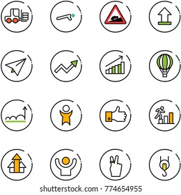 line vector icon set - fork loader vector, push ups, climb road sign, uplooad, paper plane, growth arrow, air balloon, success, finger up, career, arrows, victory, winch