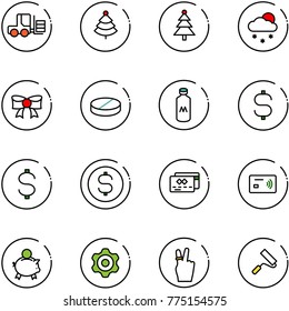 line vector icon set - fork loader vector, christmas tree, snowfall, bow, pill, milk, dollar sign, coin, credit card, tap pay, piggy bank, gear, victory, paint roller