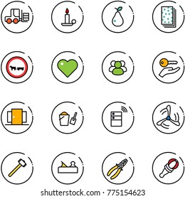 line vector icon set - fork loader vector, candle, pear, breads, no cart horse road sign, heart, group, key hand, doors, bucket scoop, server wireless, wind mill, sledgehammer, jointer, pliers