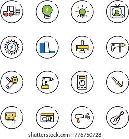 line vector icon set - fork loader vector, idea, bulb, tv news, sun power, water plant, milling cutter, drill machine, Angular grinder, multimeter, soldering iron, jig saw, generator, dryer, guitar