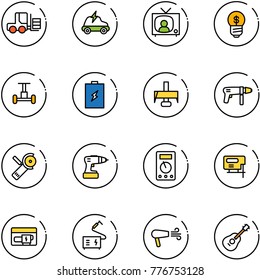 line vector icon set - fork loader vector, electric car, tv news, business idea, gyroscope, battery, milling cutter, drill machine, Angular grinder, multimeter, jig saw, generator, welding, dryer