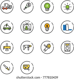 line vector icon set - fork loader vector, money torch, idea, bulb, electric car, tv news, business, water power plant, milling cutter, drill machine, Angular grinder, multimeter, soldering iron