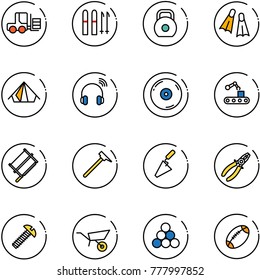 line vector icon set - fork loader vector, ski, weight, flippers, tent, wireless headphones, cd, conveyor, bucksaw, mason hammer, trowel, pliers, screw, wheelbarrow, billiards balls, football