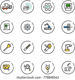 line vector icon set - fork loader vector, mri, heart gear, atm, conveyor, steel rolling, wood drill, Angular grinder, jig saw, cocncrete mixer, winch, welding
