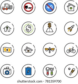 line vector icon set - fork loader vector, no trailer road sign, end minimal speed limit, home, dollar, rocket, money, dragonfly, bike, camera, battery, shovel toy, baseball bat