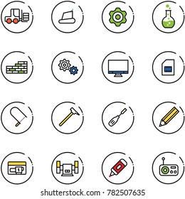 line vector icon set - fork loader vector, treadmill, gear, round flask, brick wall, monitor, sim, fretsaw, mason hammer, chisel, pencil, generator, sharpening, marker, radio