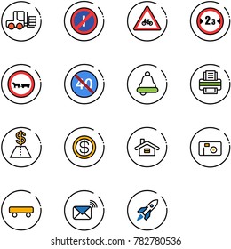 line vector icon set - fork loader vector, no parkin odd, road for moto sign, limited width, cart horse, end minimal speed limit, bell, printer, dollar, home, photo, skateboard, wireless mail