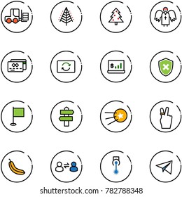 line vector icon set - fork loader vector, christmas tree, angel, credit card, exchange, account statistics, shield cross, flag, signpost, first satellite, victory, banana, information, laser