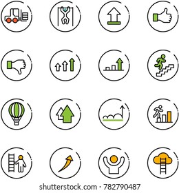 line vector icon set - fork loader vector, pull ups, uplooad, like, dislike, arrows up, growth arrow, career, air balloon, opportunity, success, cloud ladder