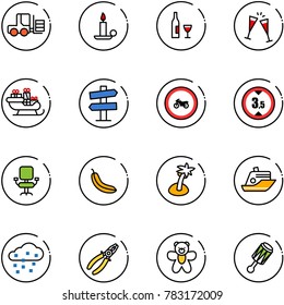 line vector icon set - fork loader vector, candle, wine, glasses, santa sleigh, road signpost sign, no moto, limited height, office chair, banana, palm, cruiser, snow, pliers, bear toy, beanbag